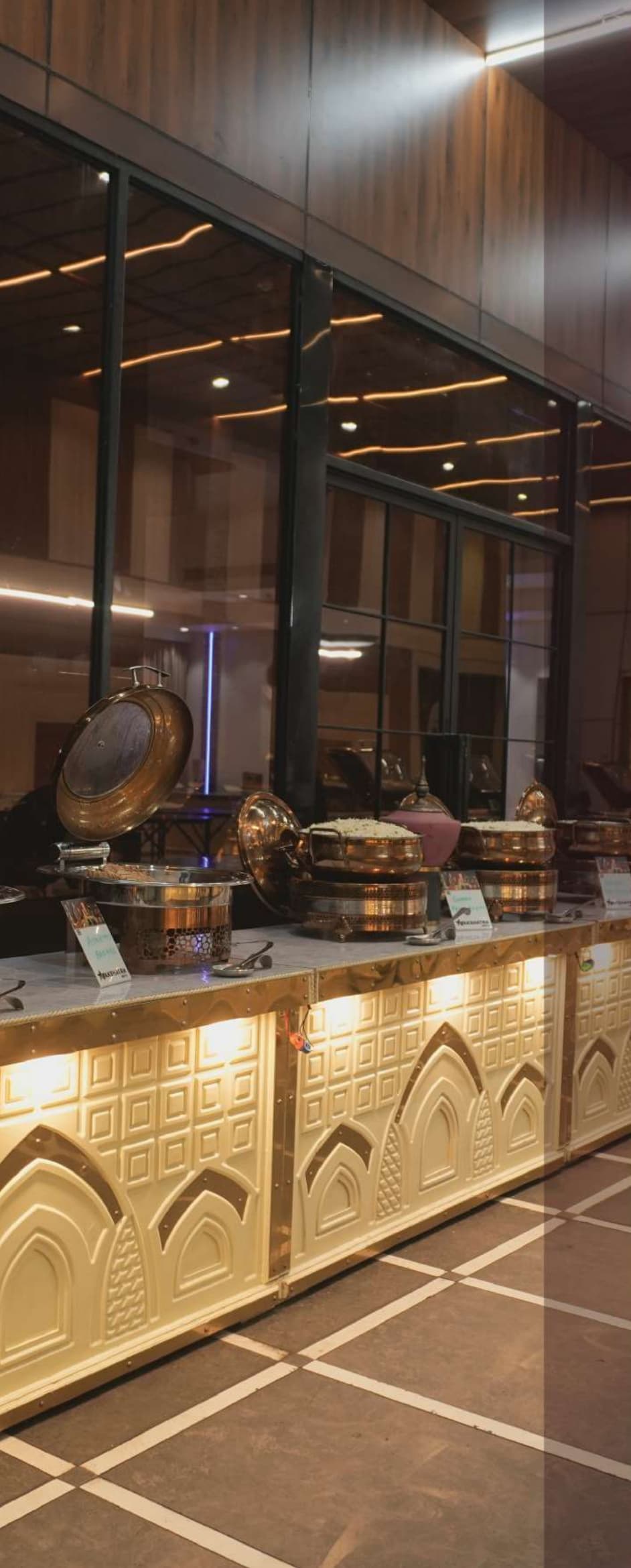 Nakshatra Hotel Opulent Gold Carved Buffet Line with Brass Cloches