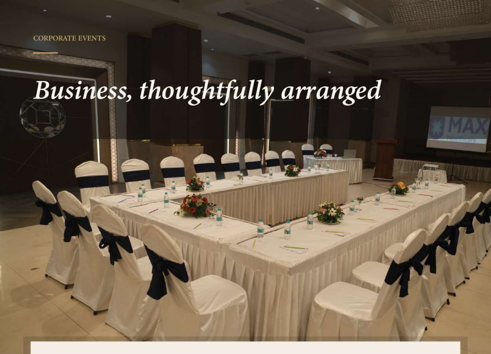 Corporate Conference Boardroom Meeting Setup with Microphones and Projector