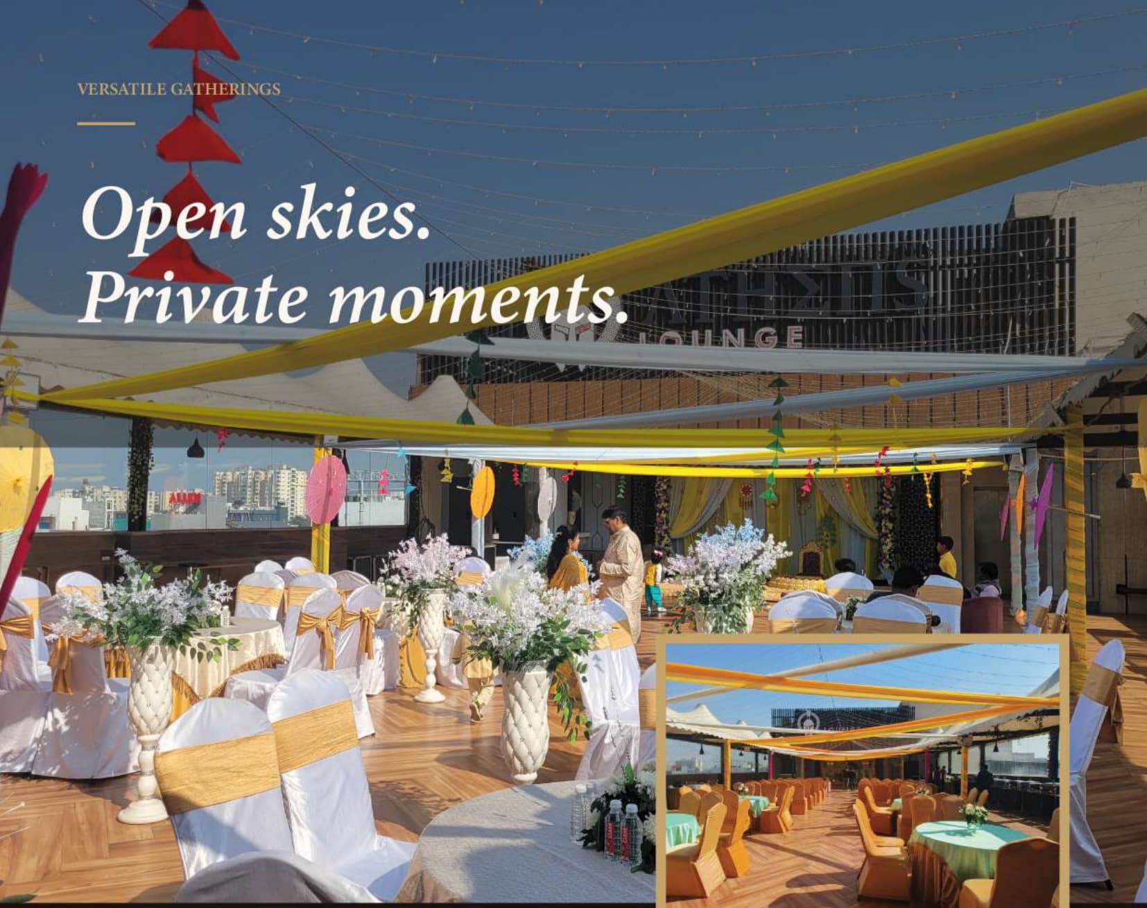 Nakshatra Hotel Open Air Rooftop Terrace with Canopies and Floral Decor